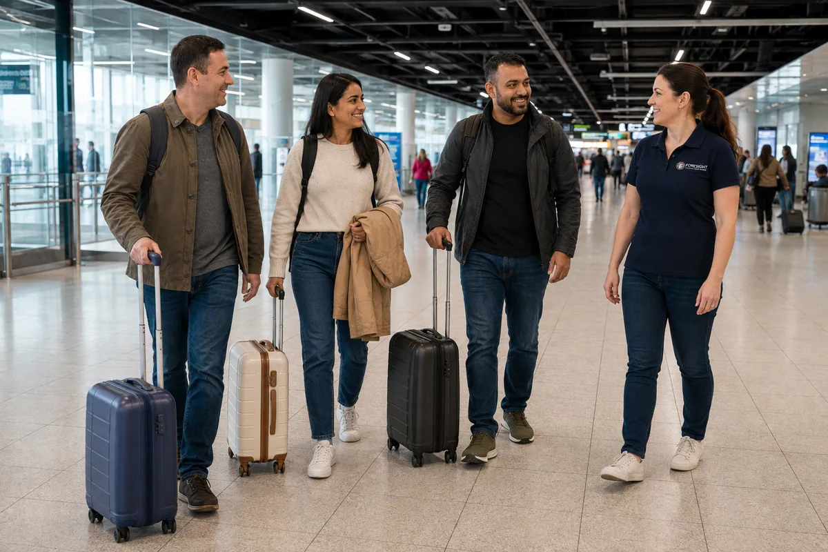 Illustrative scene of a Foresight representative accompanying newly arrived travellers through Dublin Airport