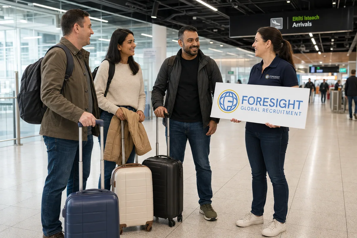 Illustrative arrival scene at Dublin Airport, with travellers and a Foresight representative holding a branded welcome board
