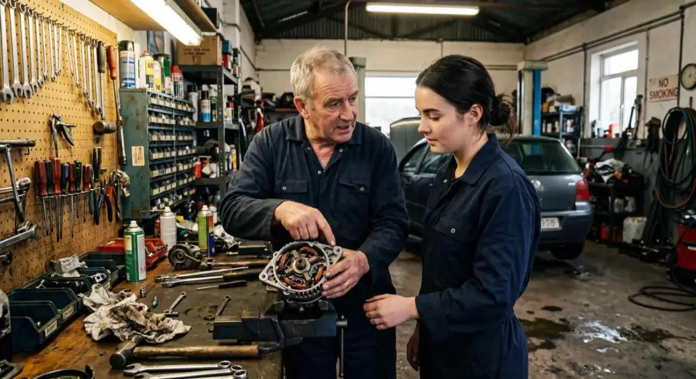 Mechanic mentoring apprentice